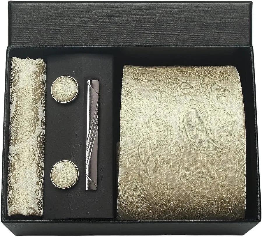 Silk Paisley Necktie Gift Set – Tie, Pocket Square, Cufflinks & Clip