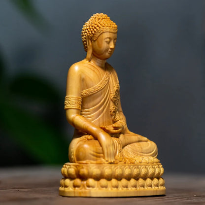 Hand-Carved Cypress Shakyamuni Buddha Statue 3.93in – Solid Wood Spiritual Figurine, Feng Shui Decor, Mindful Home Gift