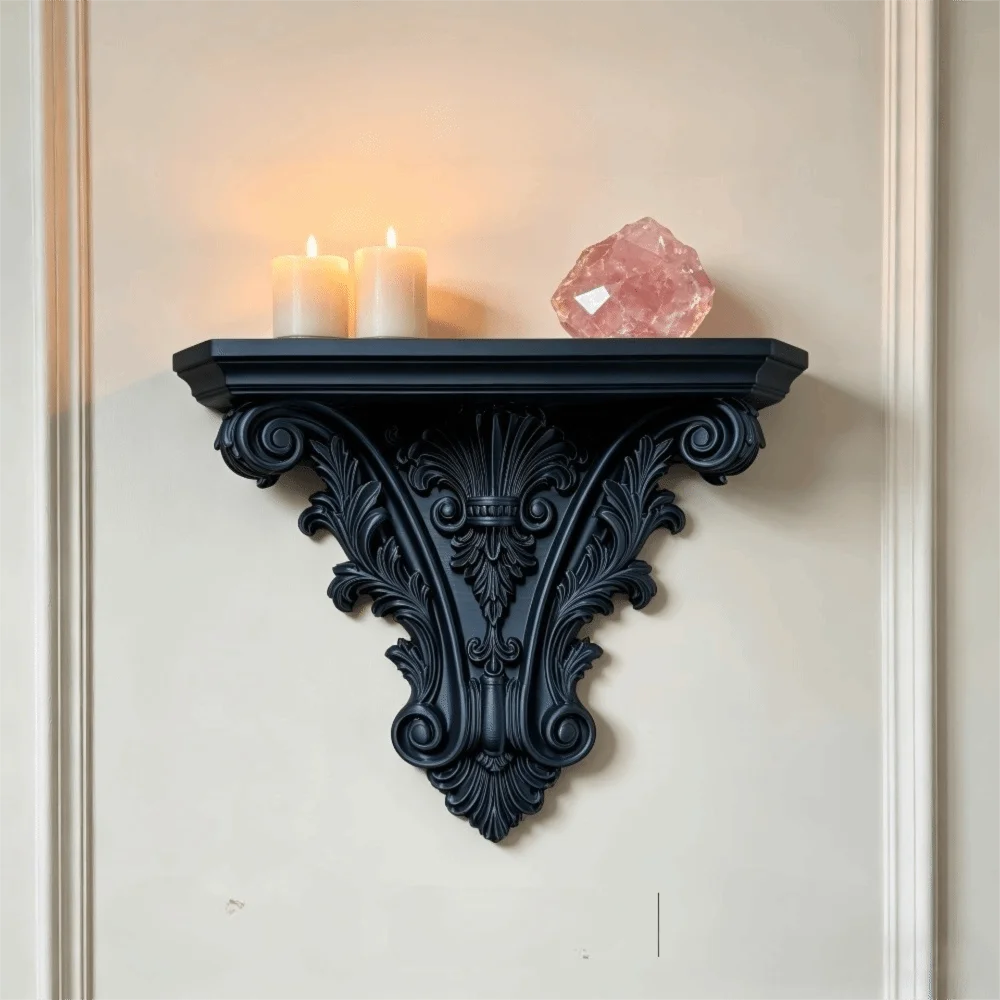 Gothic Carved Floating Wall Shelf – Retro Decorative Wall Mounted Display Shelf for Bedroom & Home Decor, 20×15.8cm