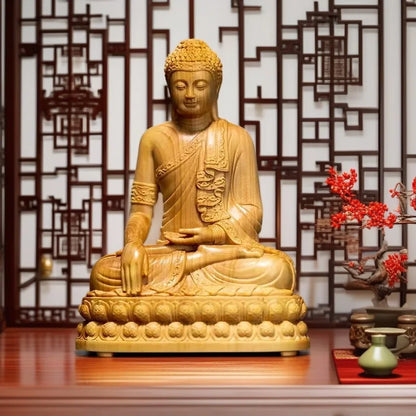 Hand-Carved Cypress Shakyamuni Buddha Statue 3.93in – Solid Wood Spiritual Figurine, Feng Shui Decor, Mindful Home Gift