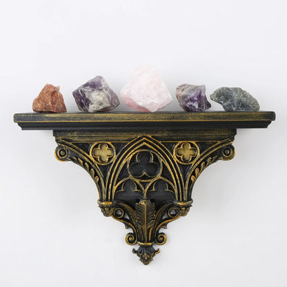 Gothic Cathedral Wall Shelf – Black Gold Hollow Window Pattern Floating Wall Rack for Home & Room Decor