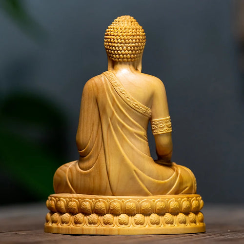 Hand-Carved Cypress Shakyamuni Buddha Statue 3.93in – Solid Wood Spiritual Figurine, Feng Shui Decor, Mindful Home Gift