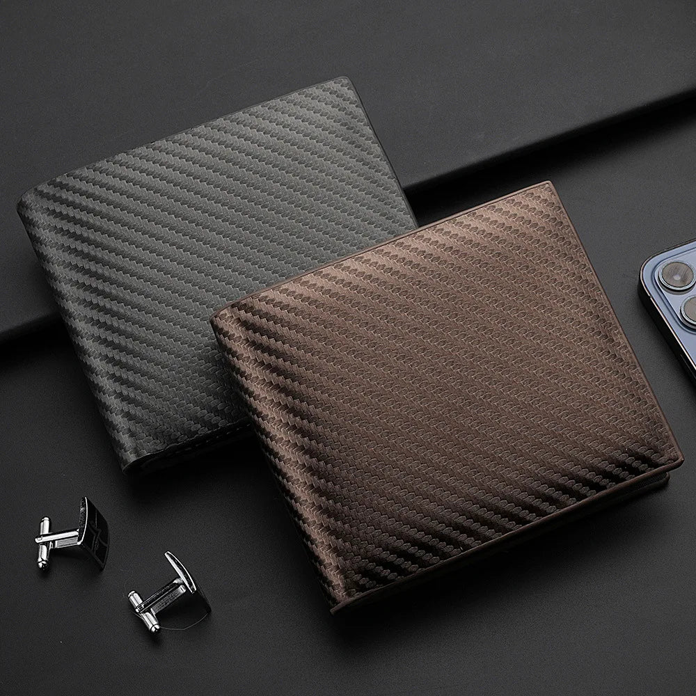Carbon Fiber PU Leather Short Wallet 12x10cm – Integrated Zipper Coin Purse, Card & Photo Holder, Men's Everyday Carry Gift