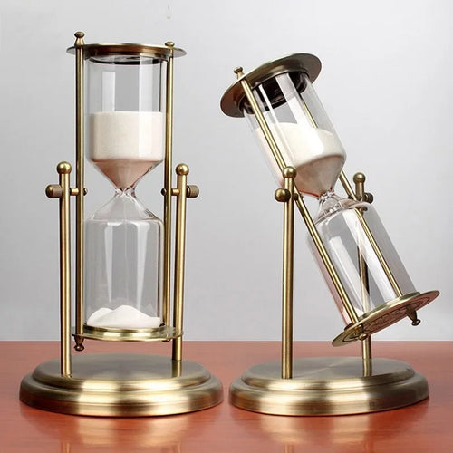 Brass & Glass Hourglass Sand Timer 15/30/60 Min – Mesmerizing Desk Decor, Rotating Crown, Elegant Home Gift
