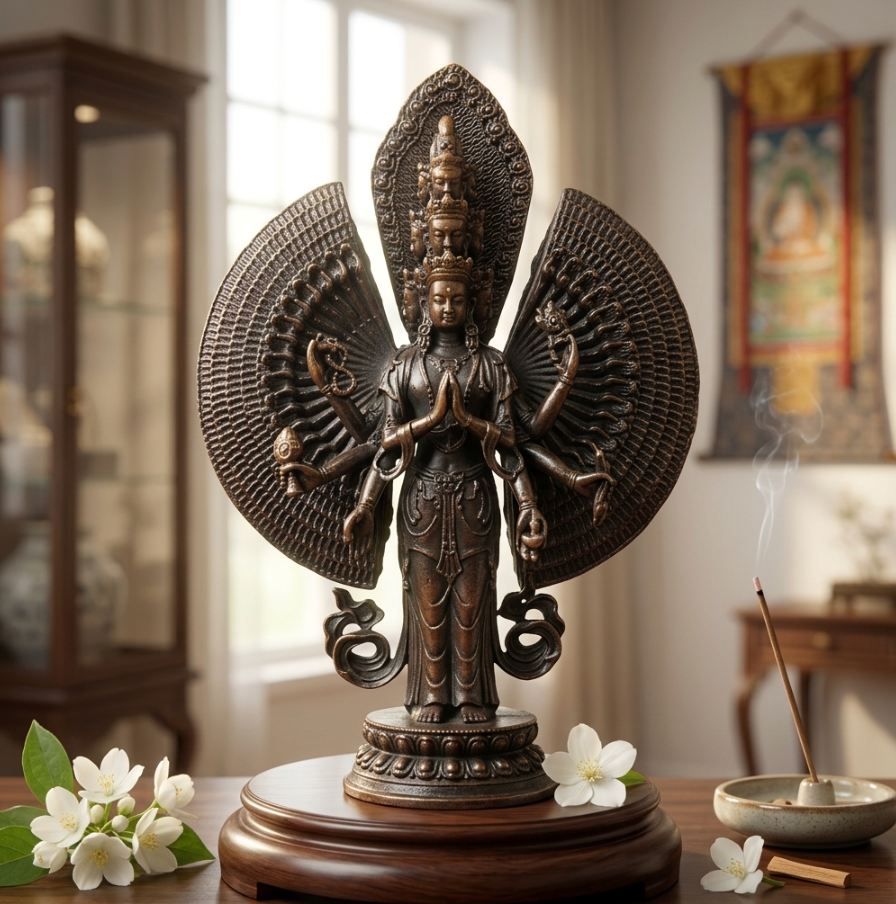 Thousand-Armed Avalokiteshvara Bodhisattva Bronze Statue 500g – Eleven-Faced Tibetan Buddhist Figurine, Home Worship Decor, Spiritual Gift