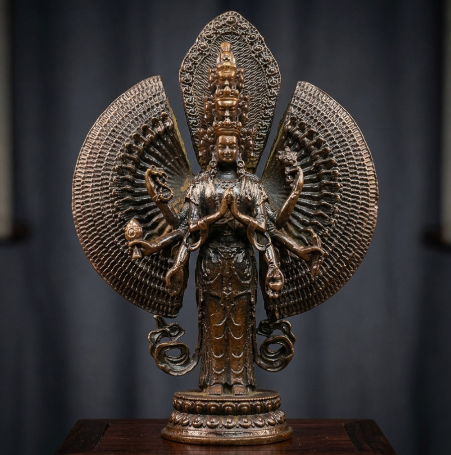 Thousand-Armed Avalokiteshvara Bodhisattva Bronze Statue 500g – Eleven-Faced Tibetan Buddhist Figurine, Home Worship Decor, Spiritual Gift