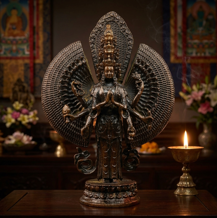 Thousand-Armed Avalokiteshvara Bodhisattva Bronze Statue 500g – Eleven-Faced Tibetan Buddhist Figurine, Home Worship Decor, Spiritual Gift