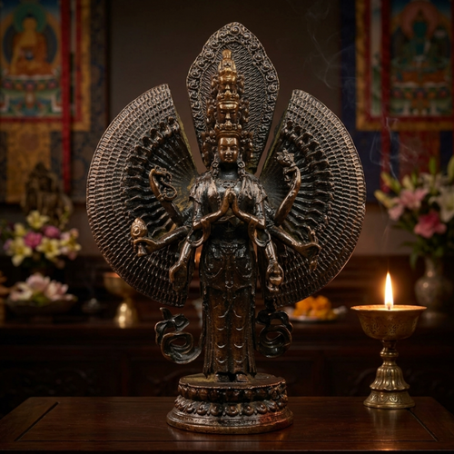Thousand-Armed Avalokiteshvara Bodhisattva Bronze Statue 500g – Eleven-Faced Tibetan Buddhist Figurine, Home Worship Decor, Spiritual Gift