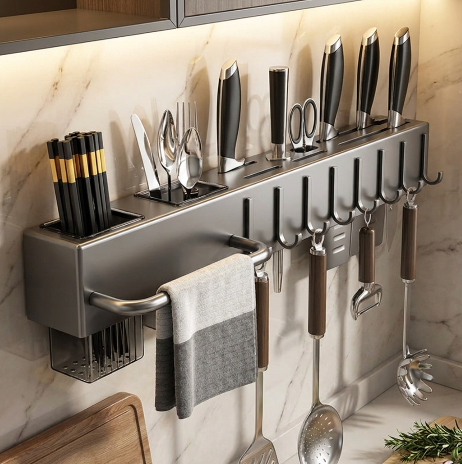 Wall-Mounted Knife & Utensil Rack – Stainless Steel