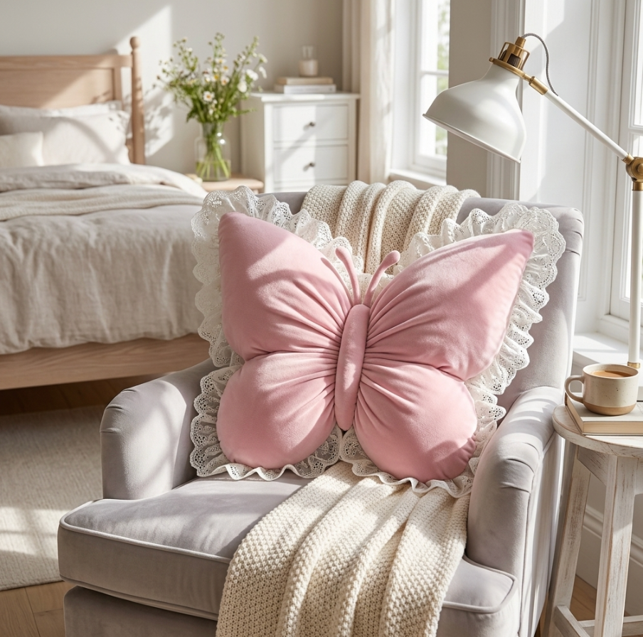Princess Butterfly Bow Cushion Pillow – Soft Decorative Pillow for Sofa, Bedroom