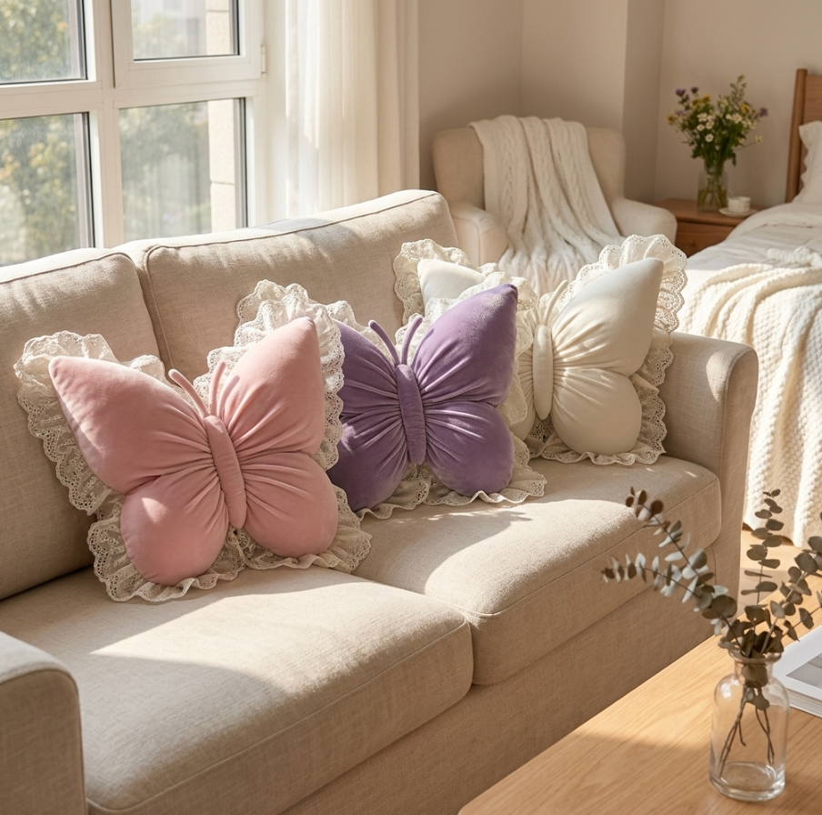 Princess Butterfly Bow Cushion Pillow – Soft Decorative Pillow for Sofa, Bedroom
