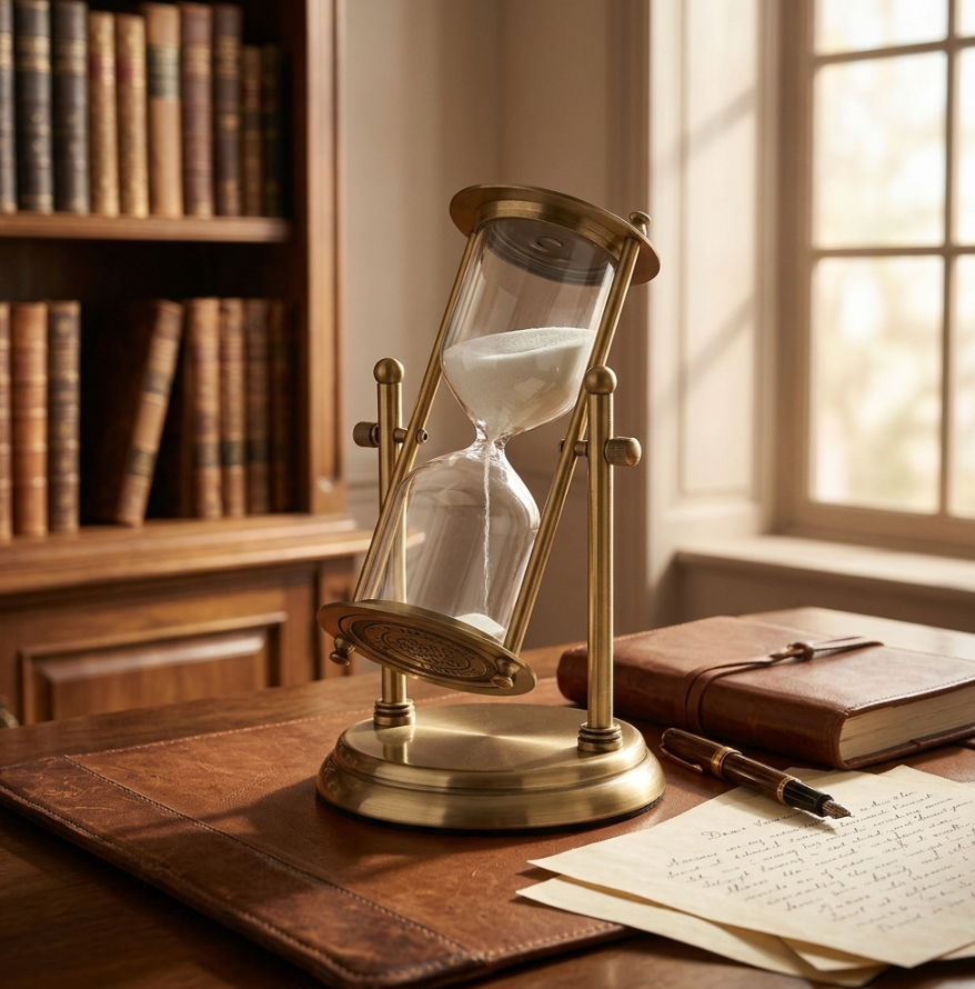 Brass & Glass Hourglass Sand Timer 15/30/60 Min – Mesmerizing Desk Decor, Rotating Crown, Elegant Home Gift