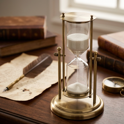 Brass & Glass Hourglass Sand Timer 15/30/60 Min – Mesmerizing Desk Decor, Rotating Crown, Elegant Home Gift