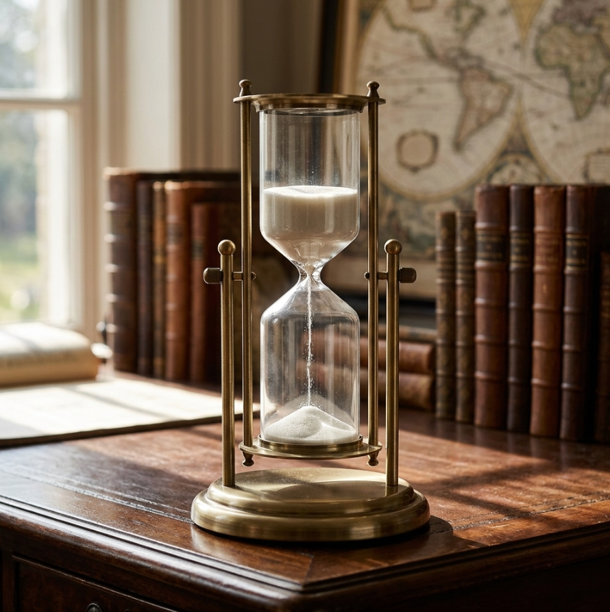 Brass & Glass Hourglass Sand Timer 15/30/60 Min – Mesmerizing Desk Decor, Rotating Crown, Elegant Home Gift