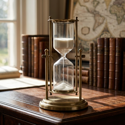 Brass & Glass Hourglass Sand Timer 15/30/60 Min – Mesmerizing Desk Decor, Rotating Crown, Elegant Home Gift