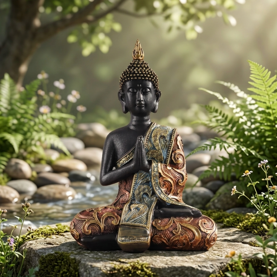 Traditional Seated Buddha Statue Resin 19.5cm – Black & Gold Spiritual Sculpture, Meditation Decor, Collectible Home Gift