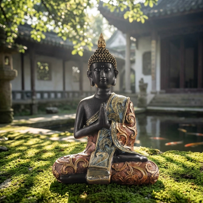 Traditional Seated Buddha Statue Resin 19.5cm – Black & Gold Spiritual Sculpture, Meditation Decor, Collectible Home Gift