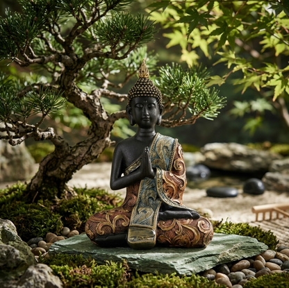 Traditional Seated Buddha Statue Resin 19.5cm – Black & Gold Spiritual Sculpture, Meditation Decor, Collectible Home Gift