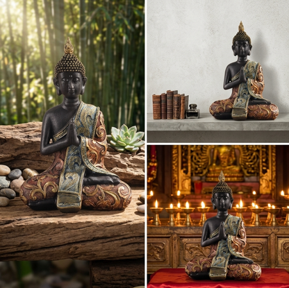 Traditional Seated Buddha Statue Resin 19.5cm – Black & Gold Spiritual Sculpture, Meditation Decor, Collectible Home Gift