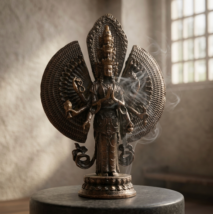 Thousand-Armed Avalokiteshvara Bodhisattva Bronze Statue 500g – Eleven-Faced Tibetan Buddhist Figurine, Home Worship Decor, Spiritual Gift