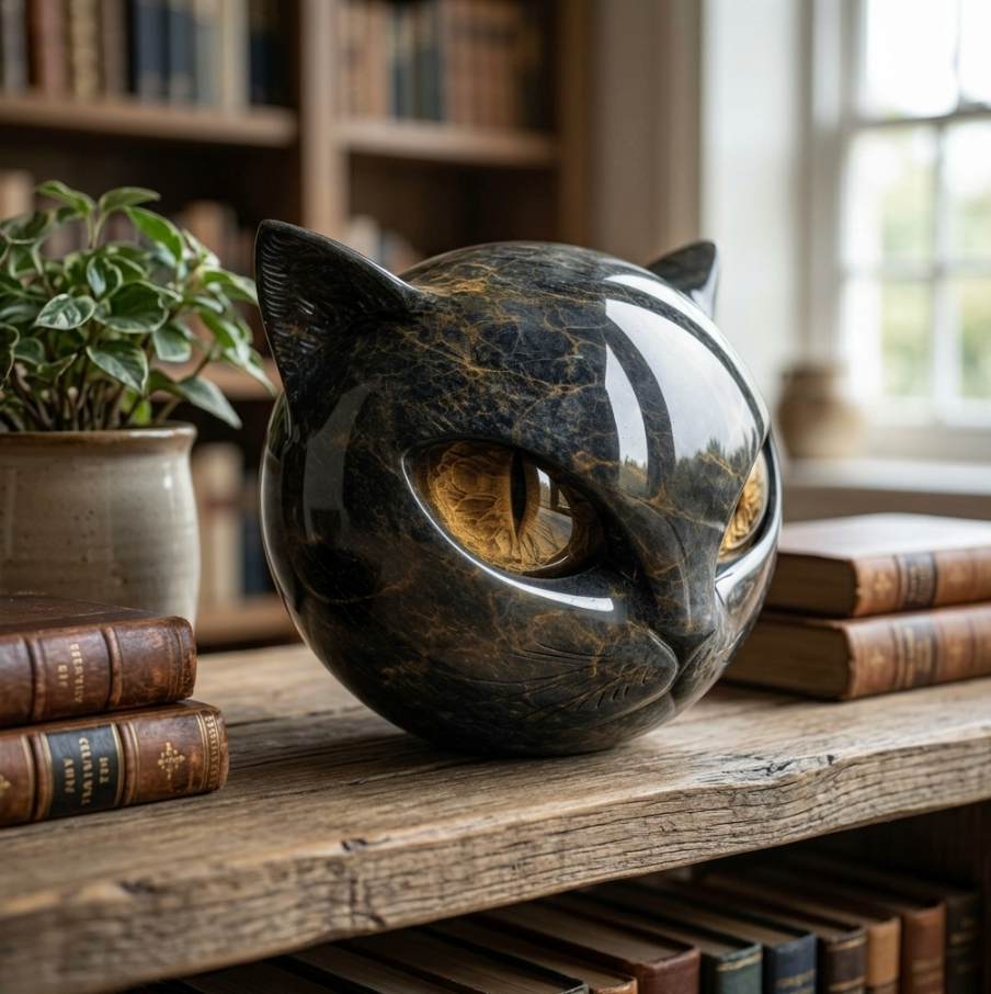 Black Cat Marble Resin Figurine 8x8cm – Mystical Healing Stone Ornament, Luxury Halloween Decor, Cat Lover Keepsake Gift