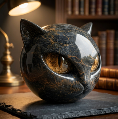 Black Cat Marble Resin Figurine 8x8cm – Mystical Healing Stone Ornament, Luxury Halloween Decor, Cat Lover Keepsake Gift