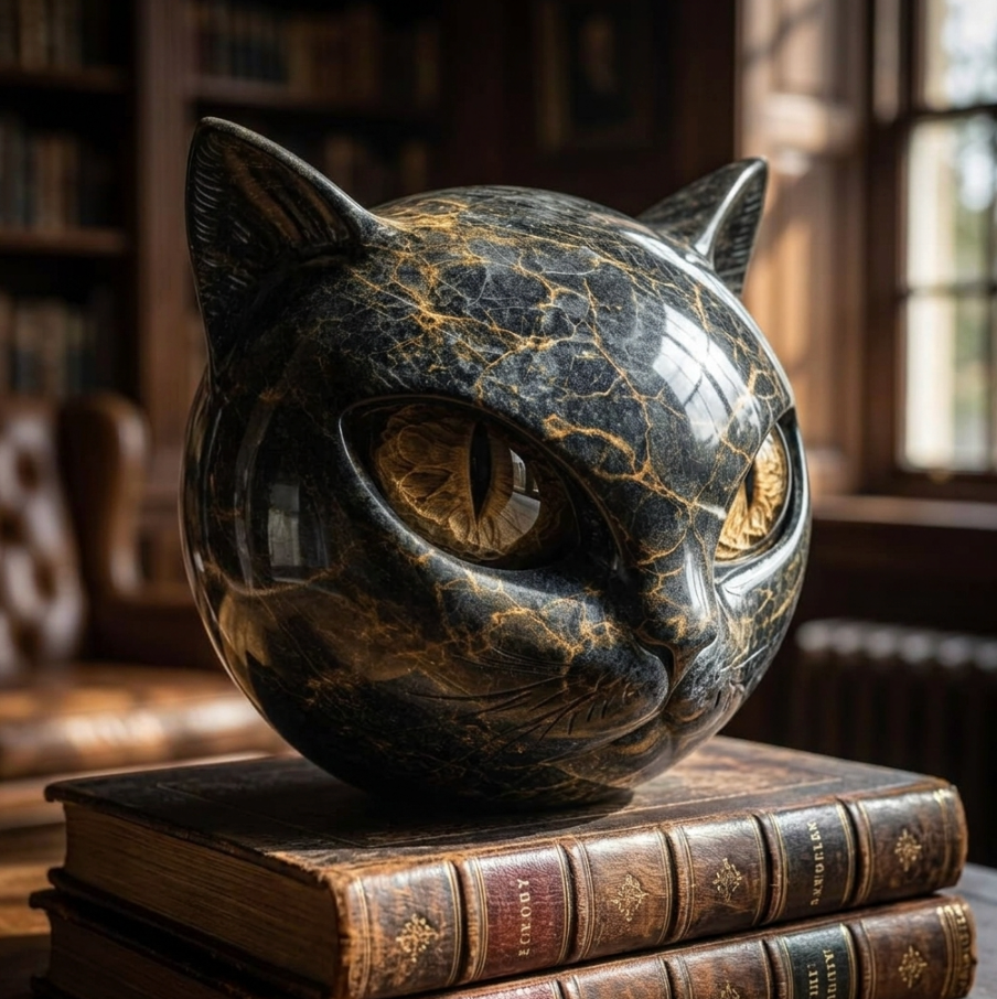 Black Cat Marble Resin Figurine 8x8cm – Mystical Healing Stone Ornament, Luxury Halloween Decor, Cat Lover Keepsake Gift