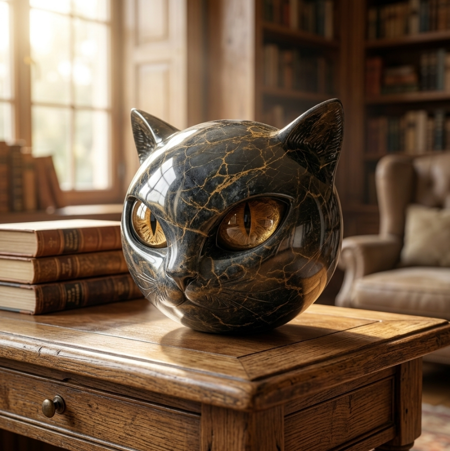 Black Cat Marble Resin Figurine 8x8cm – Mystical Healing Stone Ornament, Luxury Halloween Decor, Cat Lover Keepsake Gift