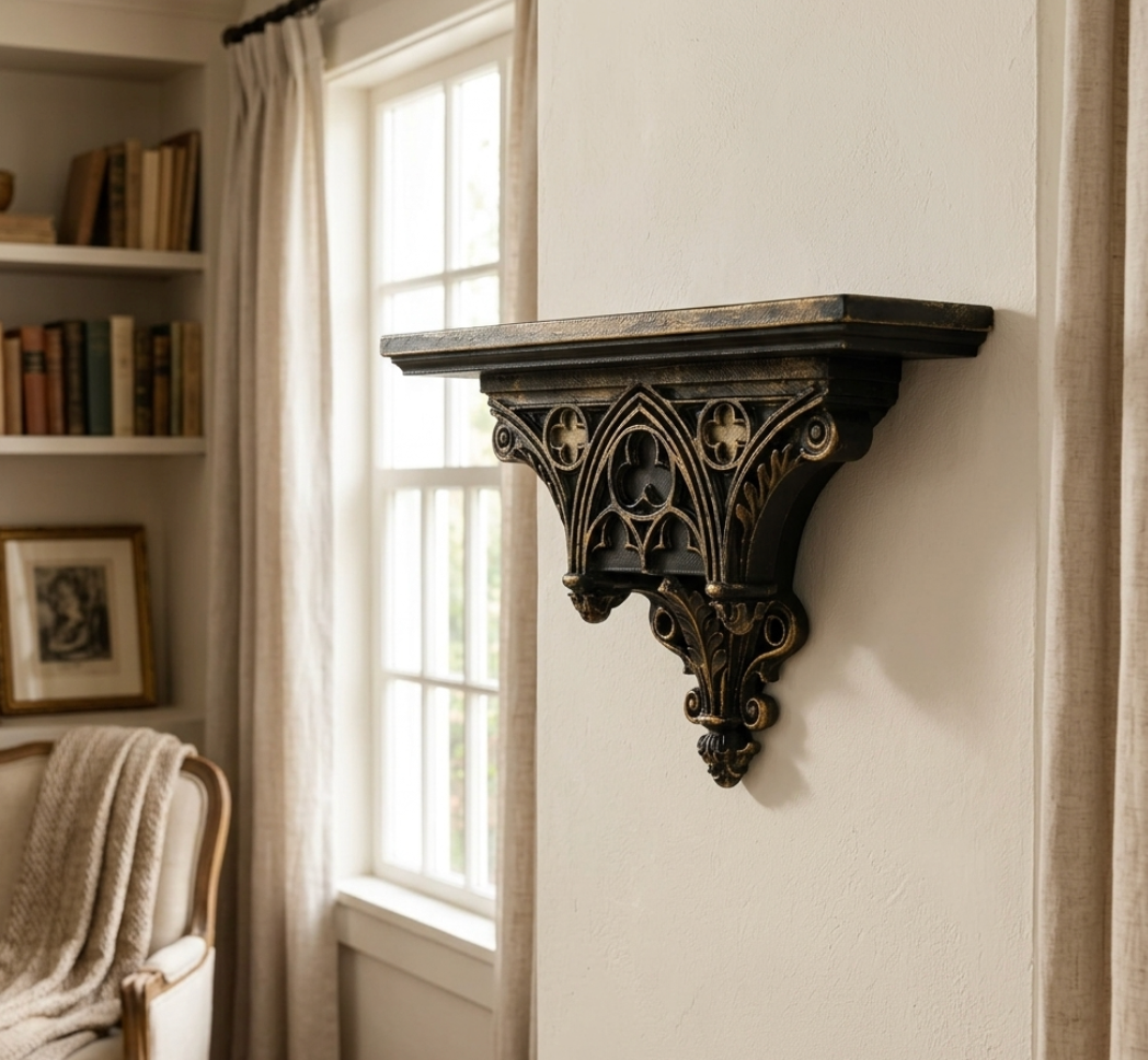 Gothic Cathedral Wall Shelf – Black Gold Hollow Window Pattern Floating Wall Rack for Home & Room Decor