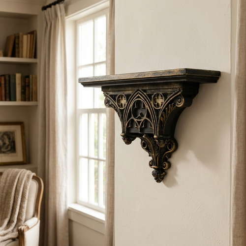 Gothic Cathedral Wall Shelf – Black Gold Hollow Window Pattern Floating Wall Rack for Home & Room Decor