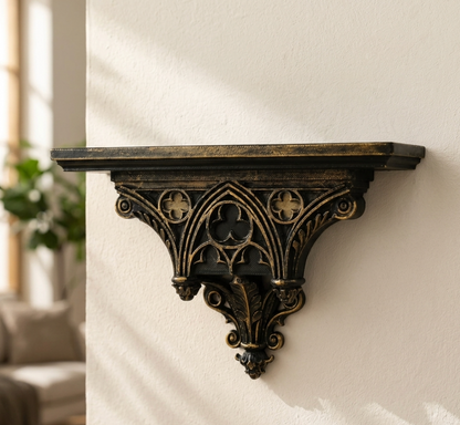 Gothic Cathedral Wall Shelf – Black Gold Hollow Window Pattern Floating Wall Rack for Home & Room Decor
