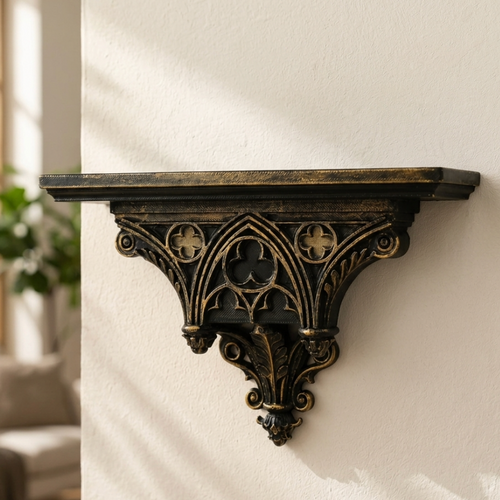 Gothic Cathedral Wall Shelf – Black Gold Hollow Window Pattern Floating Wall Rack for Home & Room Decor