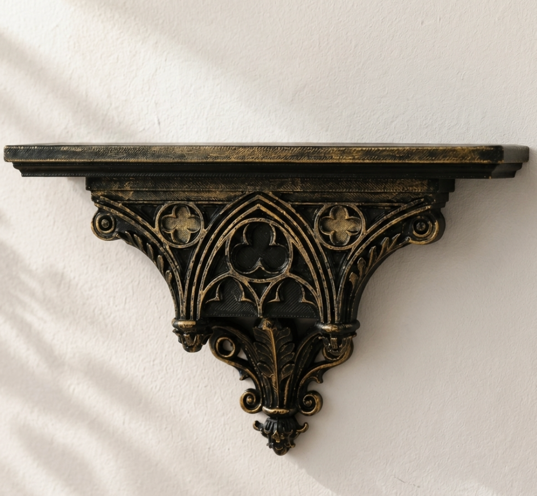 Gothic Cathedral Wall Shelf – Black Gold Hollow Window Pattern Floating Wall Rack for Home & Room Decor