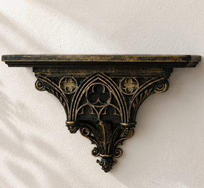 Gothic Cathedral Wall Shelf – Black Gold Hollow Window Pattern Floating Wall Rack for Home & Room Decor