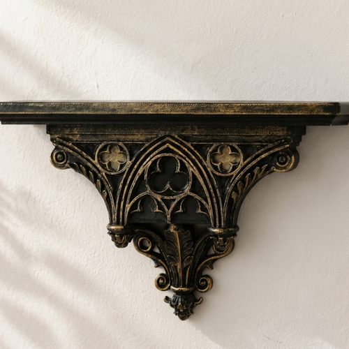 Gothic Cathedral Wall Shelf – Black Gold Hollow Window Pattern Floating Wall Rack for Home & Room Decor