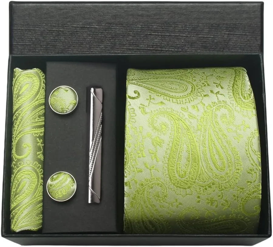 Silk Paisley Necktie Gift Set – Tie, Pocket Square, Cufflinks & Clip