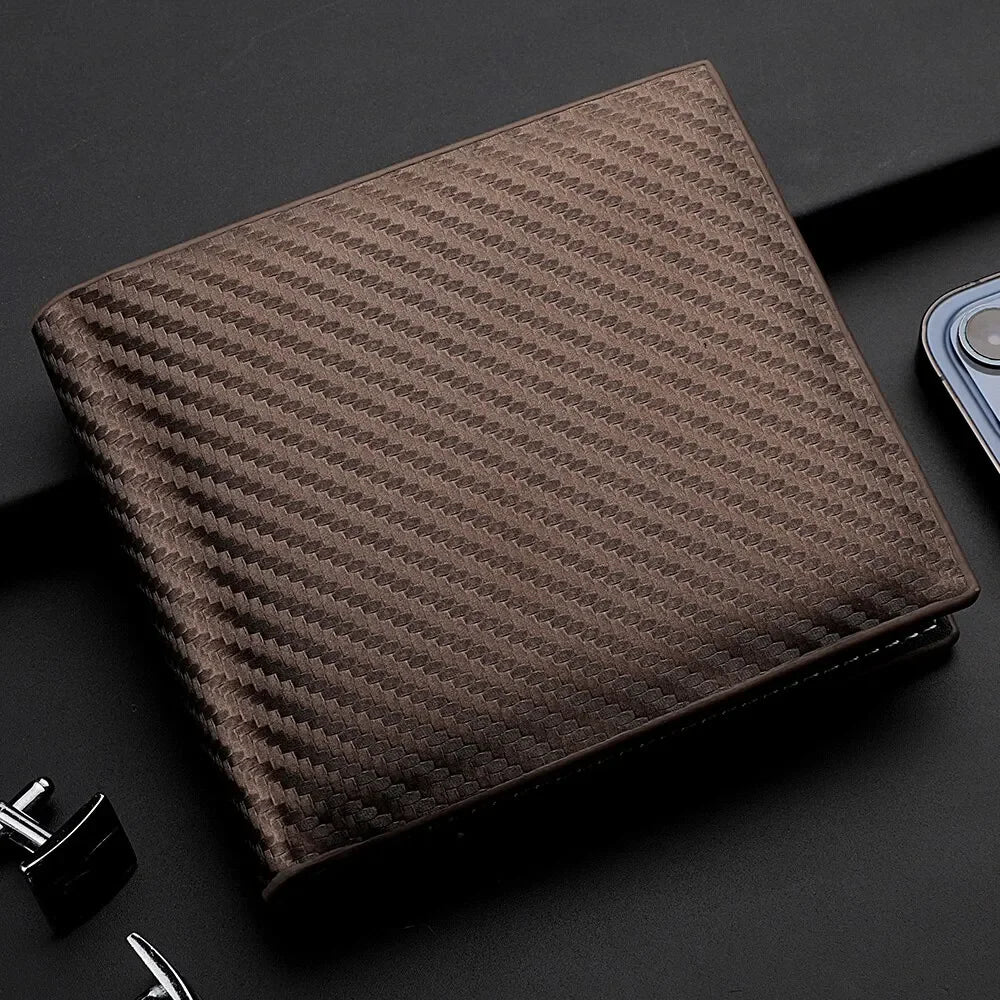 Carbon Fiber PU Leather Short Wallet 12x10cm – Integrated Zipper Coin Purse, Card & Photo Holder, Men's Everyday Carry Gift