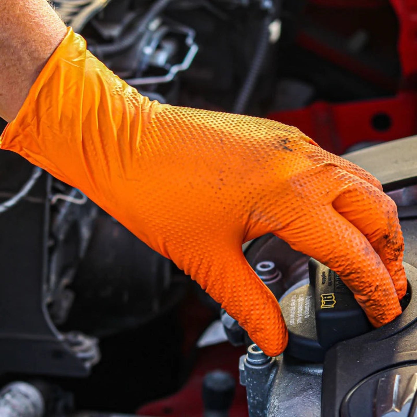 Heavy Duty Orange Nitrile Gloves - 10, 30, 50 pack - Diamond Textured Grip for Mechanic, Industrial & Work Use
