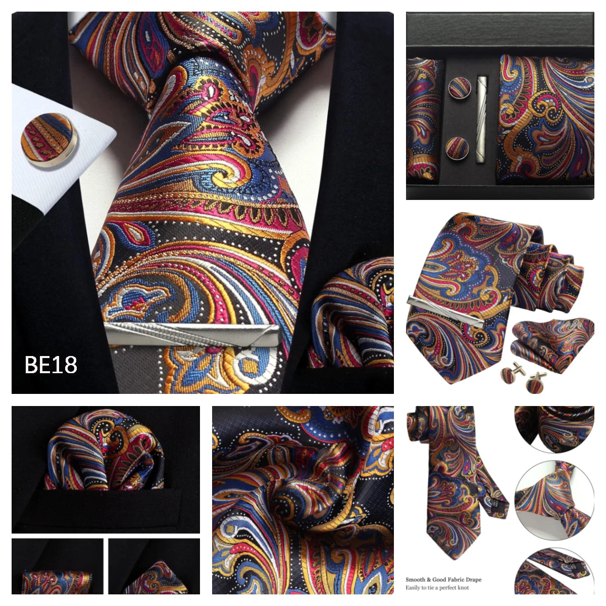 Silk Paisley Necktie Gift Set – Tie, Pocket Square, Cufflinks & Clip