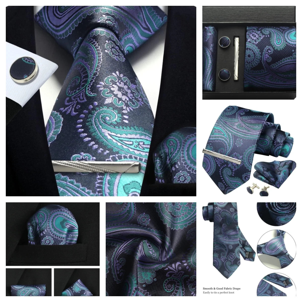 Silk Paisley Necktie Gift Set – Tie, Pocket Square, Cufflinks & Clip
