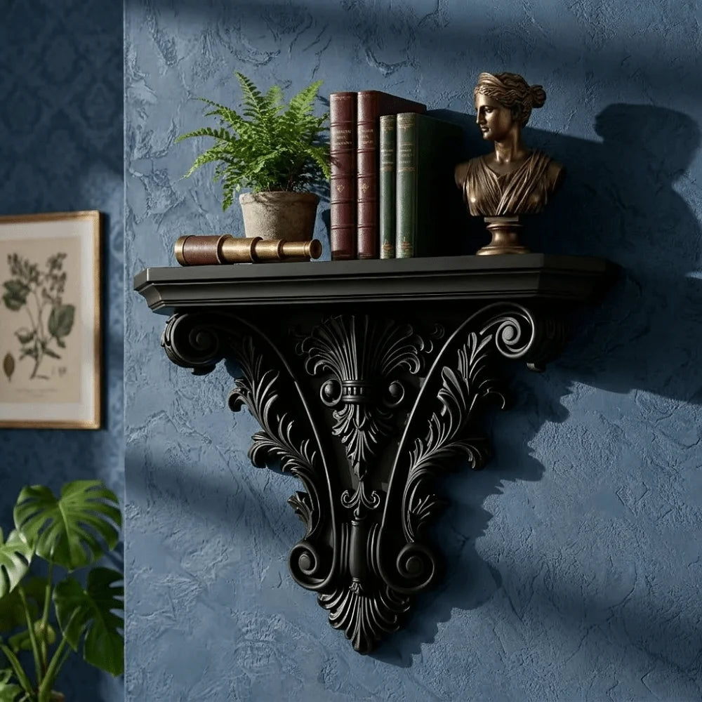 Gothic Carved Floating Wall Shelf – Retro Decorative Wall Mounted Display Shelf for Bedroom & Home Decor, 20×15.8cm