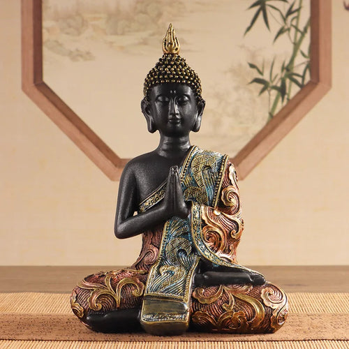 Traditional Seated Buddha Statue Resin 19.5cm – Black & Gold Spiritual Sculpture, Meditation Decor, Collectible Home Gift