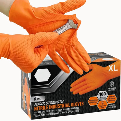 Heavy Duty Orange Nitrile Gloves - 10, 30, 50 pack - Diamond Textured Grip for Mechanic, Industrial & Work Use