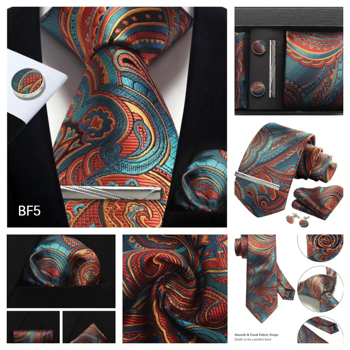 Silk Paisley Necktie Gift Set – Tie, Pocket Square, Cufflinks & Clip
